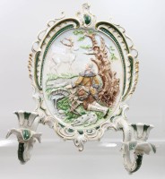 Decorative two-flame wall light made of porcelain, unmarked, hunting scene, approx. 42 x 36 cm