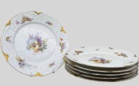 Auktion 376<br>6x gr. Speiseteller "Rosenthal" Sansscouci, Blumendekor, Goldrand  tw. etwas berieben, um 1900, D-25 cm