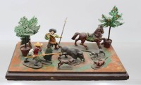 Auktion 376<br>Zinnfiguren auf Platte, bemalt, Jagdszene,  Reiterfigur vorhanden, Platte ca. 15 x 27cm