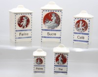Auktion 376<br>antikes, Vorratsdosen-Set, Urbach, franz. beschriftet, Altersspuren, ca. H-10 bis 19cm