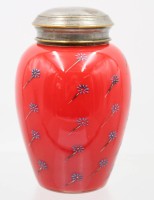 Auktion 376<br>Teedose um 1920, rotes Glas mit floraler Emaillemalerei, Metalldeckel, ca. H-16cm