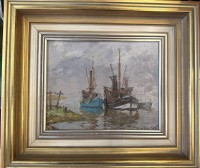 Auktion 376<br>Paul Ernst WILKE (1894-1972) 1956 "Fischerboote im Hafen" &Ouml;l/Malfaser, gerahmt,  MG 20,5x25 cm, RG 33x38 cm