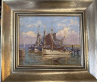 Auktion 376<br>Paul Ernst WILKE (1894-1972), 1956 "Fischerboote im Hafen" &Ouml;l/Malfaser, gerahmt, MG 20x25 cm, RG  31x36 cm