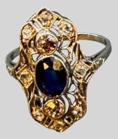 Auktion 376<br>Art Deco Weissgoldring-585-, blauer Saphir als Centerstein, umringt von Diamanten, 2,67 gr., RG 52 cm