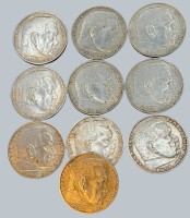 Auktion 376<br>10x  2 Reichsmark, 3.Reich, Hindenburg, Silber, ca. 80 gr