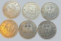 Auktion 376<br>6x 5 Reichsmark, SSilber, Garnisonskirche, 3.Reich, ca. 83 gr.
