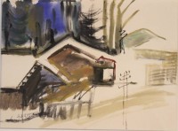 Auktion 376<br>Aquarell mit einer Gebirgs- oder Dorfszene unleserlich signiert.