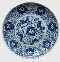 Auktion 376<br>antiker chinesischer Blau-Wei&szlig;-Porzellanteller, mit einem Sternen- oder Sonnenblumenmuster (Starburst) aus dem sp&auml;ten 18. bis fr&uuml;hen 19. Jahrhundert, D-27 cm