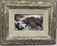 Auktion 376<br>unleserl. signiert (Jungl...)  Wildschweinhatz, &Ouml;l/Karton, gerahmt, RG 24x31,5 cm, verso Skizze
