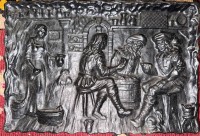 Auktion 376<br>kl. gusseiserne Platte mit Relief, Wirtshausszene, 20x28,5 cm