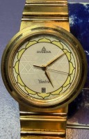 Auktion 376<br>vintage vergoldete Dugena Yantra Armbanduhr, Modell M074. 70-er J., Werk l&auml;uft, Papiere anbei
