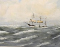 Auktion 376<br>W. M&uuml;ller '75, Segler in st&uuml;rmischer See, &Ouml;l/Leinwand, restau. bed&uuml;rftig, gerahmt, RG 47  x 57cm