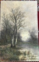 Auktion 376<br>Gertrud Steinbach,(1871-?) 1892 "Birken am Weiher" &Ouml;l/Leinen, kl. Riss oben am Rand, 74x46 cm