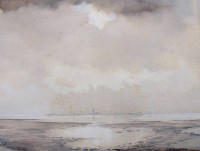 Auktion 376<br>Erich BRODKORB (1896-1968), Wattenmeer mit Blick auf Insel Neuwerk, Aquarell, ungerahmt Blatt stockfleckig, BG ca. 30 x 40cm