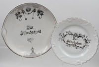 Auktion 376<br>2x Teller, Zur Silberhochzeit, &auml;lter, Gebrauchsspuren, ca. D-22,5 u. 18,5cm