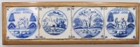Auktion 376<br>gerahmter 4er-Satz antiker Delfter bzw. friesischer Bibelfliesen, ca. 18./19. Jahrhundert, Altersspuren, RG ca. 17 x 52cm