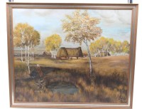 Auktion 376<br>LS monogrammiert wohl Luise Sch&ouml;ffel, Norddt. Landschaft mit Kate, &Ouml;l/Hartfaser, gerahmt, RG 56 x 66cm