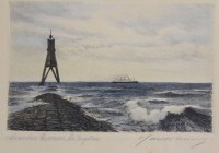 Auktion 376<br>unleserl. signierte Farbradierung, Cuxhaven, Kugelbake, ger./Glas, Rahmen besch&auml;digt, RG 27 x 34cm