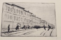 Auktion 376<br>unleserl. signierte Radierung, Strassenszene, &auml;lter, ungerahmt, BG 23 x 32cm