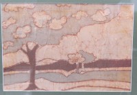 Auktion 376<br>wohl B&auml;rbel &Ouml;zdemir, Batikarbeit, Landschaft, ger./Glas, RG 45 x 55cm