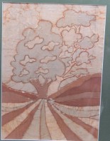 Auktion 376<br>wohl B&auml;rbel &Ouml;zdemir, Batikarbeit, Landschaft, ger./Glas, RG 55 x 45cm