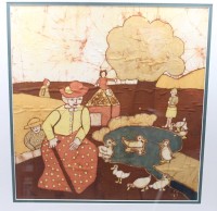 Auktion 376<br>B&auml;rbel &Ouml;zdemir, Batikarbeit, Landschaft m. Personen, ger./Glas, RG 64 x 60cm, Sperrgutversand!
