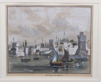 Auktion 376<br>Kupferstich, Der Hafen von Rhodos, ger./Glas, RG 26 x 32cm MG 9,5 x 11cm