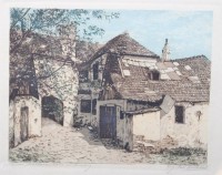 Auktion 376<br>unleserl. sigbnierte Farb-Radierung, Wien Beethovenhaus in Heiligenstadt, alt ger./Glas, Rahmen besch&auml;digt, RG 24,5 x 32,5cm