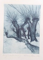 Auktion 376<br>unleserl. signierte Radierung, Trauerweiden, alt ger./Glas, RG 31,5 x 25cm
