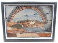 Auktion 376<br>Keramik-Wandbild, Regenbogen, monogrammiert "HF", gerahmt, RG 31,5 x 40,5cm