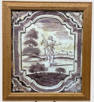 Auktion 376<br>gr. Delfter Ofenfliese um 1750 mit christl. Motiv, gerahmt, RG 31x28 cm