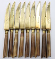 Auktion 376<br>9x Obstmesser, Bronze, Griffe in Hornoptik, &auml;lter, ca. L-16,5cm