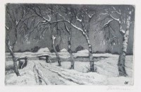 Auktion 376<br>Anna Feldhusen (1867-1951), Winterlandschaft mit Birkenallee, Radierung, alt ger./Glas, RG 17 x 21cm