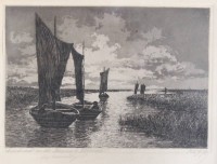 Auktion 376<br>Cornelius Rogge (1866-1949), Original-Radierung &bdquo;Mondnacht an der Hamme bei Worpswede&ldquo; , ger./Glas, RG 28 x 32cm