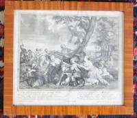 Auktion 376<br>Kupferstich aus dem 18. Jahrhundert mit dem Titel &bdquo;Die Gl&uuml;ckseeligkeit der ersten Welt&ldquo;, Blatt mit Altersspuren, alt ger./Glas, RG 31,5 x 35,5cm