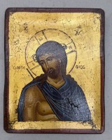 Auktion 376<br>byzantinische Ikone, neuzeitlich handgemalte Kopie, verso Zertifikat, ca. 17x13 cm