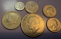 Auktion 376<br>Lot USA Dollar M&uuml;nzen, One Dollar, Half Dollar, 3x Quarter Dollar, One Dime