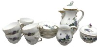 Auktion 376<br>Mocca-Service Meissen" Indische Fels, Blumen und Vogelmalerei 125, alles 1.Wahl, 15 Teile, alles gut erhalten, Kanne H-17 cm