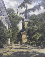 Auktion 376<br>Scholz-Hanus o.&auml;., Ansicht Martinskirche vom Schlossgarten, Cuxhaven, &Ouml;l/Hartfaser, gerahmt, RG 68 x 58,5cm