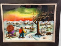 Auktion 376<br>D. Horyna, 1975 "Dorf im Winter" naives Hinterglasbild, ger/Glas, RG 55x42 cm