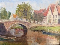 Auktion 376<br>Walter Moit,Ansicht Friedrichstadt, Schleswig Holstein, &Ouml;l/Malfaser, verso betitelt, Vorderseite Signum, gerahmt, RG 73x57 cm