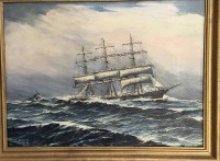 Auktion 376<br>O. Schmidt, 1970 "Segelschiff in rauher See", &Ouml;l/Malfaser, gerahmt, RG 40x52 cm
