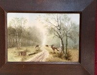 Auktion 376<br>anonym,  "Hirsche im Wald", auf Porzellanplatte, gerahmt, verso nur Nummern, RG 40x51 cm