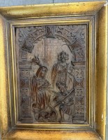 Auktion 376<br>Holzschnitzbild "Krippenszene" alt gerahmt, RG 51x41 cm