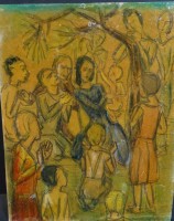 Los 12005 <br>kl. anonymes Gemälde "Figurengruppe", Öl/Karton, alt gerahmt/Glas, verso datiert 1931,  RG 23x21 cm