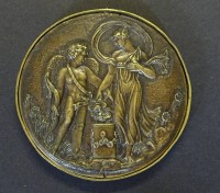 Los 15027 <br>Teil einer Bronzemedaille mit Abbildung Eros und weiblicher Figur an Alter?, Innenseite gemarkt "TS", Ø 6,2 cm, Rahmen abnehmbar