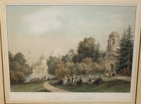 Auktion 340 / Los 5003 <br>Schwetzingen, Gartenanlage, Moschee und röm. Tempel, Lithographie, handcolo. um 1845, ger./Glas, RG 60,5 x 70,5cm.