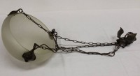 Los 16002 <br>schöne Jugendstil-Deckenlampe, Milchglas, mit geschnittenen Frauenköpfen, ca. D-35cm ca. L-100 cm,,