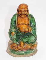 Los 2053 <br>Buddha, wohl China, älter, Vorderseite mit farbiger Glasur, H-17cm, rückseitig Altriss
