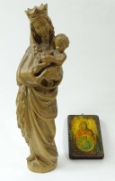 Los 10011 <br>Marienstatue und Ikone, beides Holz, H. Statue: 25,5 cm, Ikone: 9 x 6,5 x 1 cm